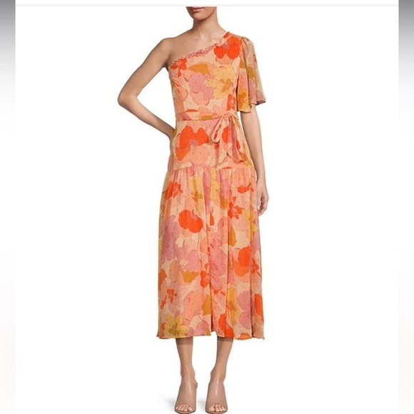 Taylor Dresses & Skirts - TAYLOR Floral Asymmetrical Neckline One Short Sleeve Ruffle
Trim midi dress